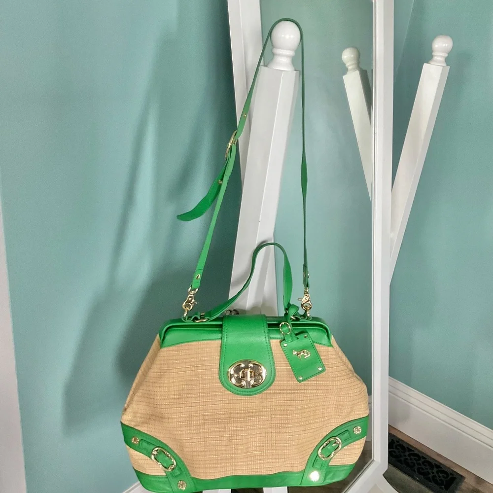 Emma Fox Newport Green Leather & Natural Woven Linen Blend Crossbody Satchel Bag